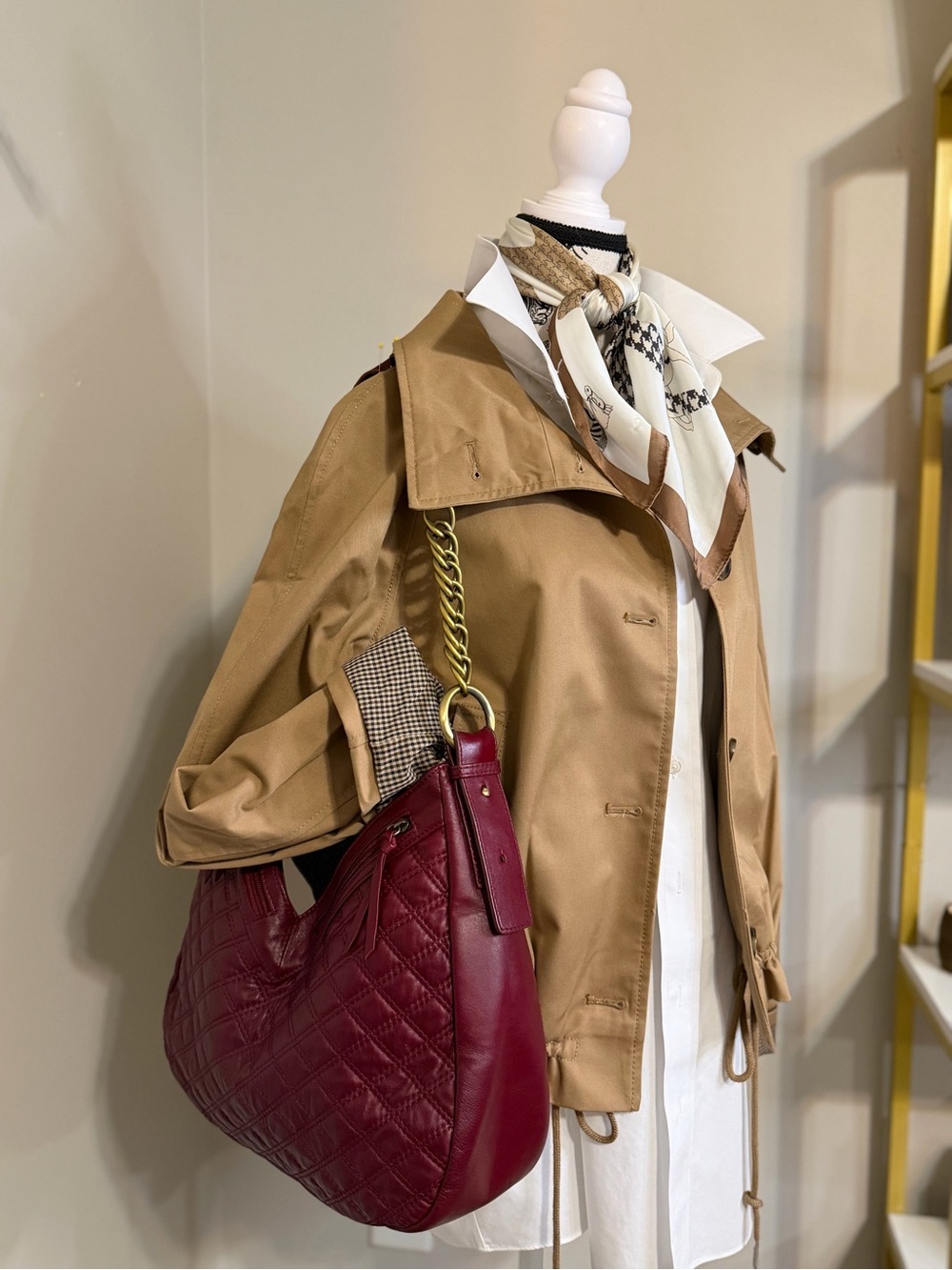 Aqua Madonna Quilted Burgundy Shoulder Bag with Antique Gold Chain Strap